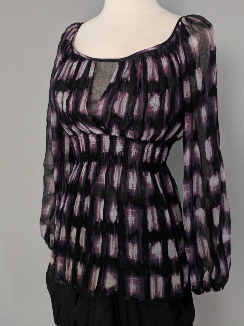 BCBG MAXAZRIA Black and Purple Silk Smocked Empire Waist Top Size XS